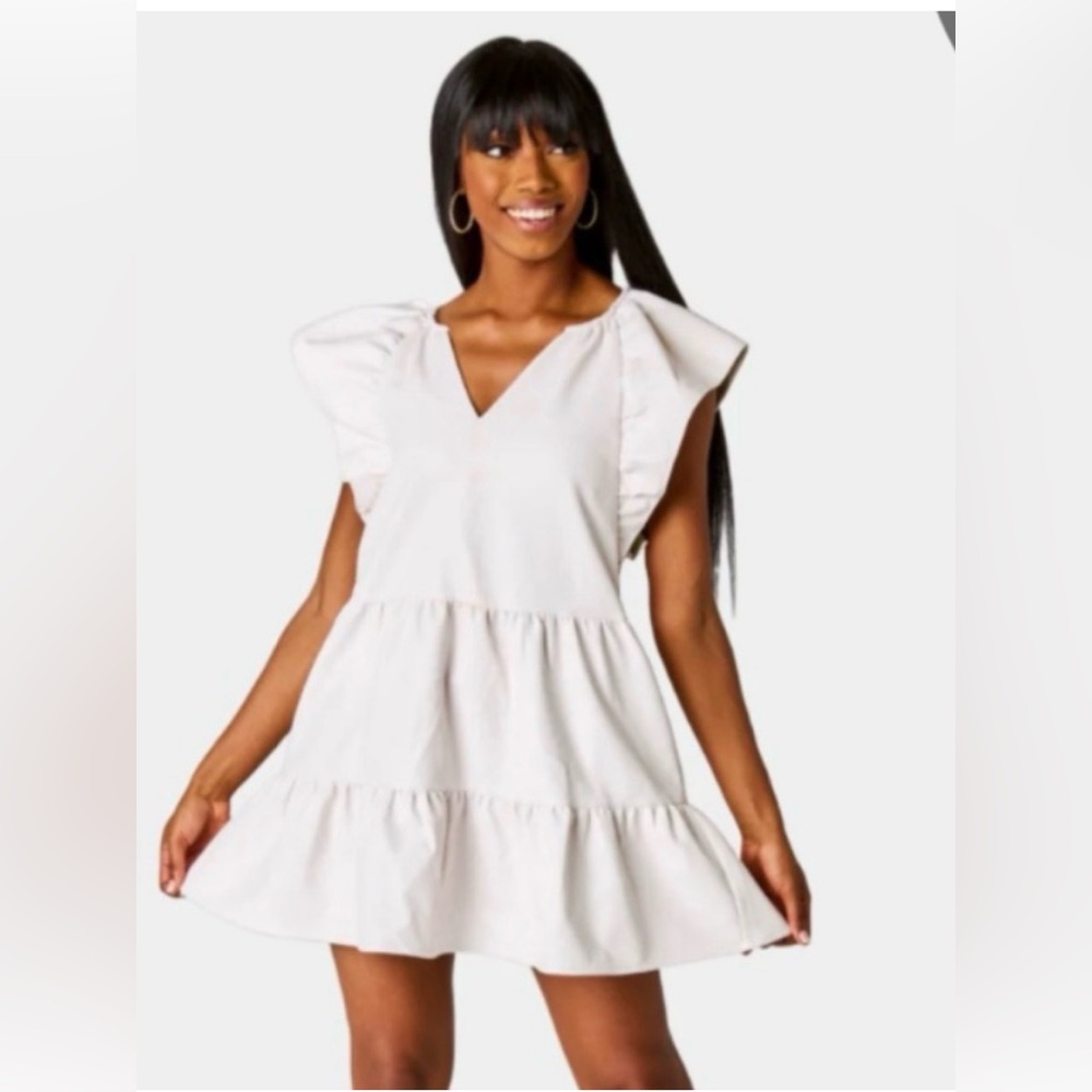 Buddy Love Ronnie White Ruffle Mini Dress Faux Leather Cream Solid NWOT